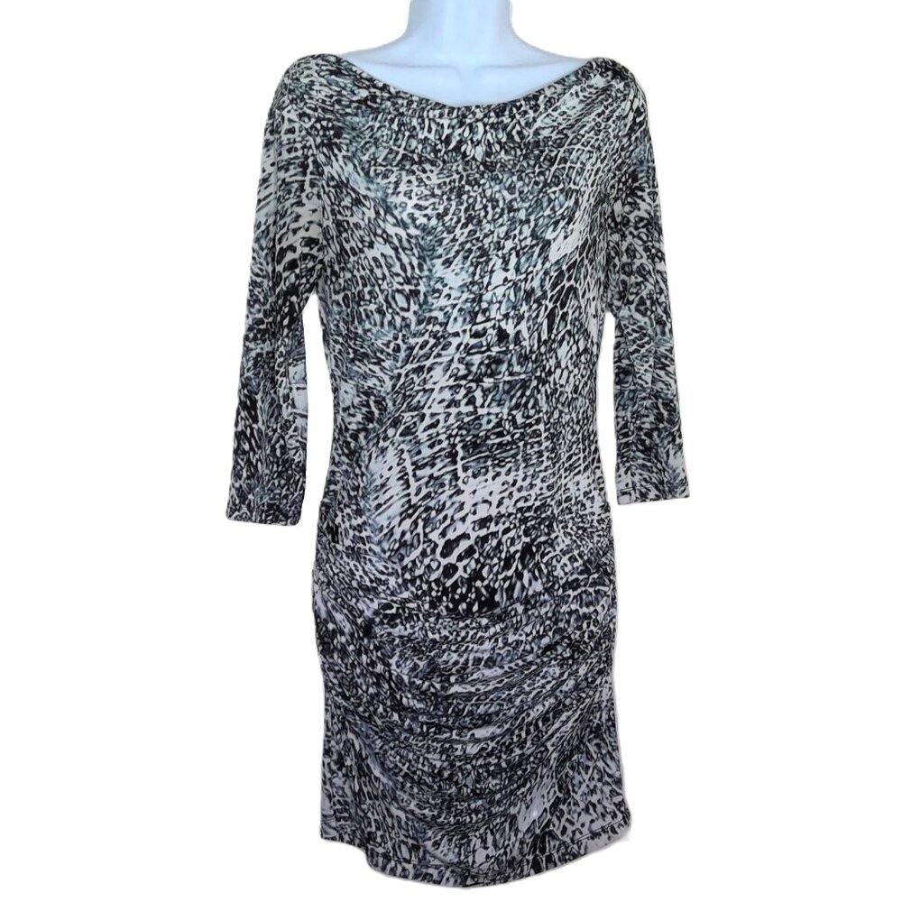 Jennifer Lopez Dress Animal Print Bodycon Slinky 3/4 Sleeve Ruched Stretch Sz S